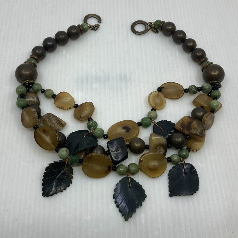 Vtg 1980 LES BERNARD INC. chunky glass brass agate stone beads leaves statement
